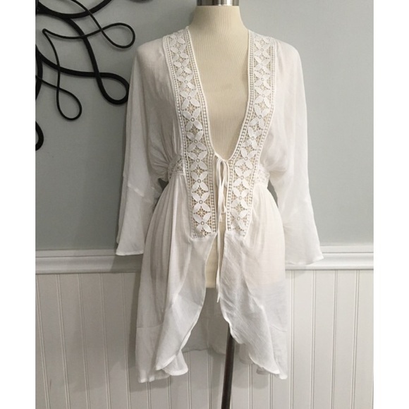 Love Tree Other - Love Tree Kimono Swim Cover Up Floral Embroidery Bell Sleeve Gauze size Small